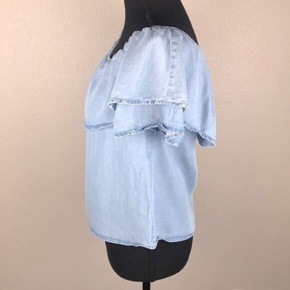 MNG Mango Blouse Off-the-shoulder Chambray Tiered Ruffle Short Sleeve Jean  XS - Picture 9 of 14